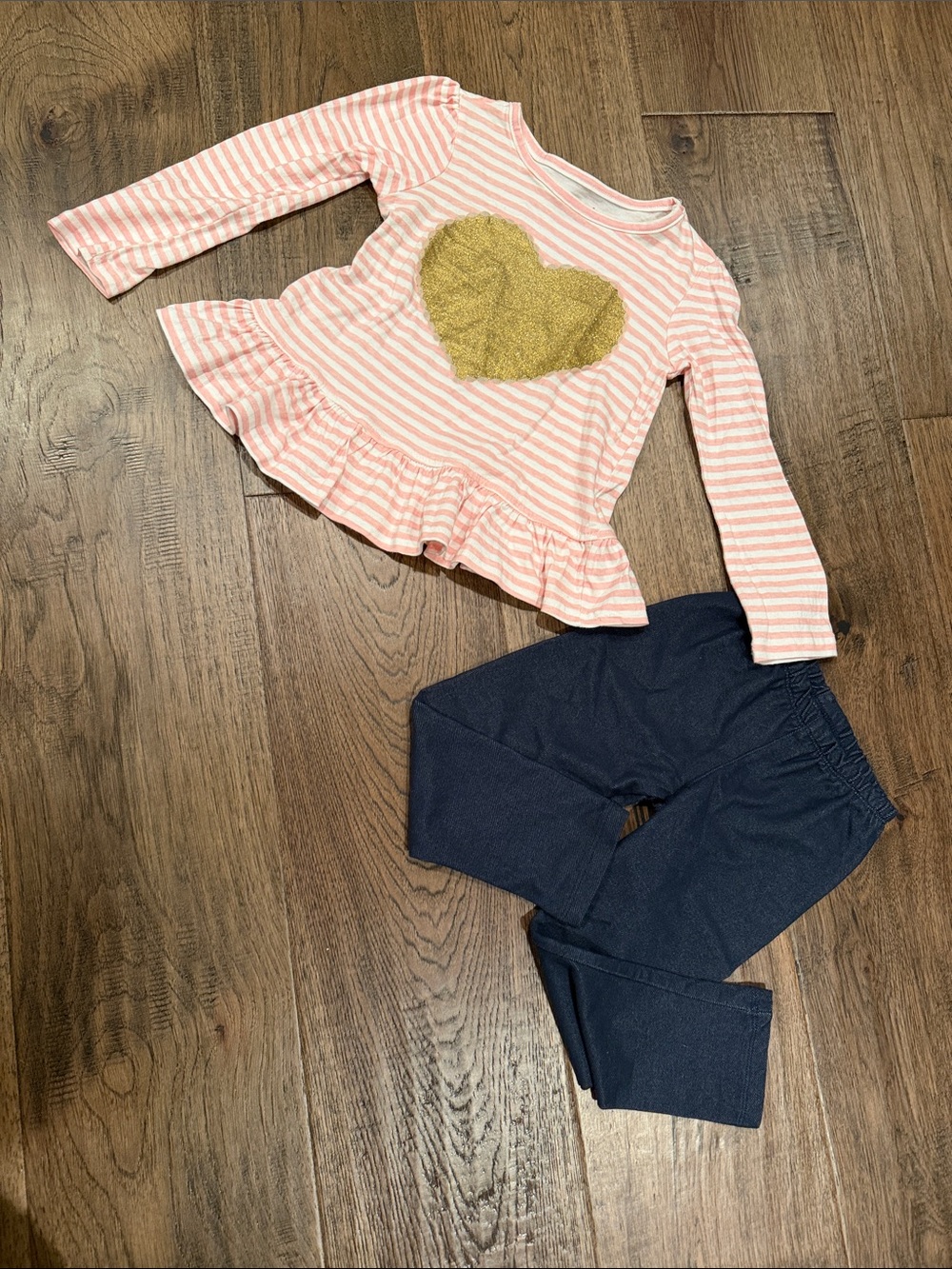 Nannette Pink & White Striped Top with Gold Glitter Heart and denim jeggings